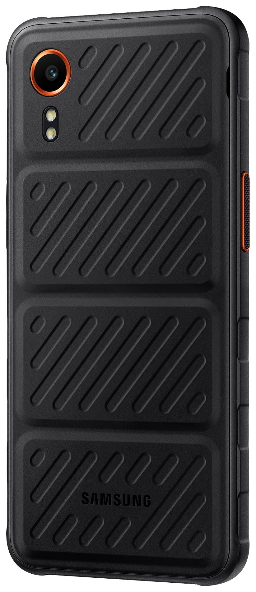 Ein robustes Smartphone mit schwarz geriffelter Rückseite und orangefarbenen Akzenten, geeignet für Outdoor-Aktivitäten.