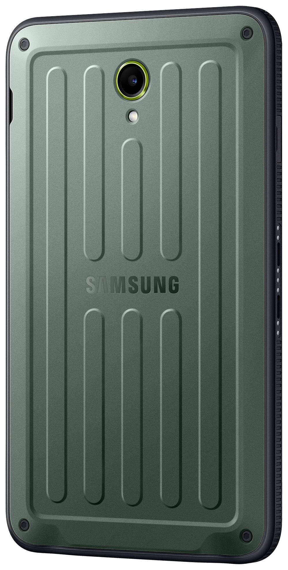 Das Bild zeigt die Rückseite eines Smartphones mit einem robusten, strukturierten grünen Gehäuse und einer einzelnen Kameralinse oben.