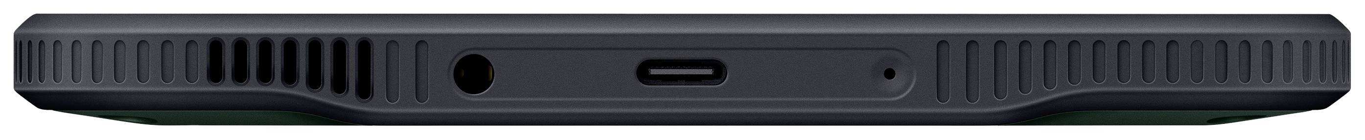 Ein schwarzes Smartphone liegt flach, die Unterseite zeigt einen USB-C-Anschluss und eine Kopfhörerbuchse.