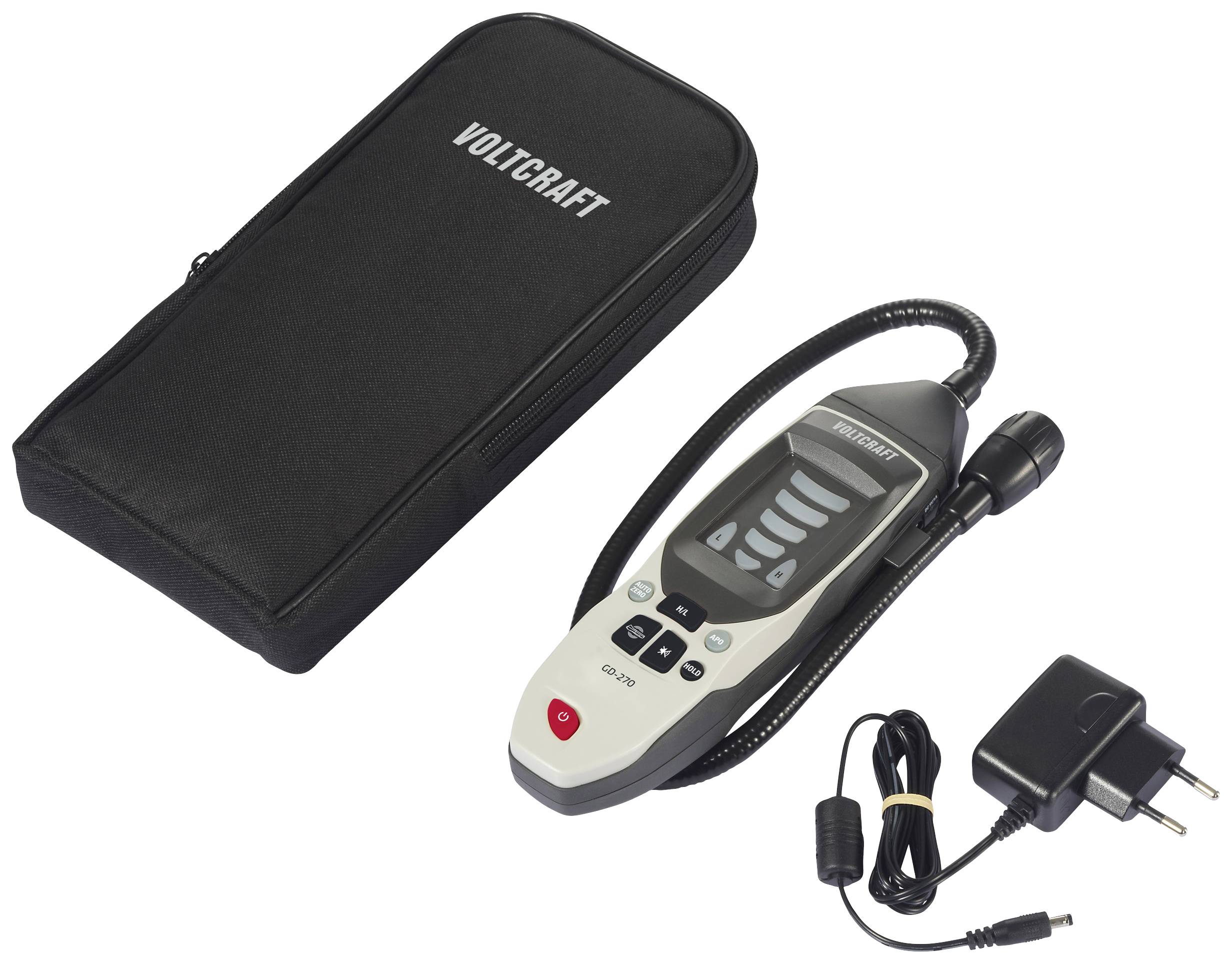 'Voltcraft GD-300 Gasdetektor' mit flexiblem Sensor, Ladegerät und Aufbewahrungstasche. Gerät zur Erkennung von Gaslecks.