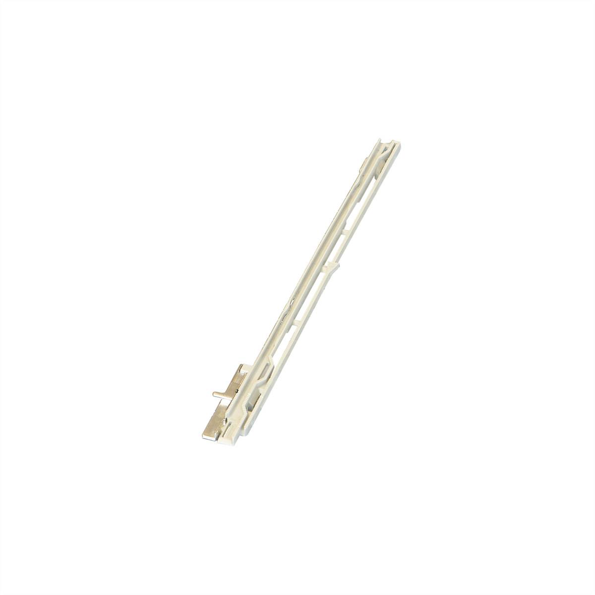 Eine beige Metallschiene, wahrscheinlich für einen Montagezweck, vor einem weißen Hintergrund.