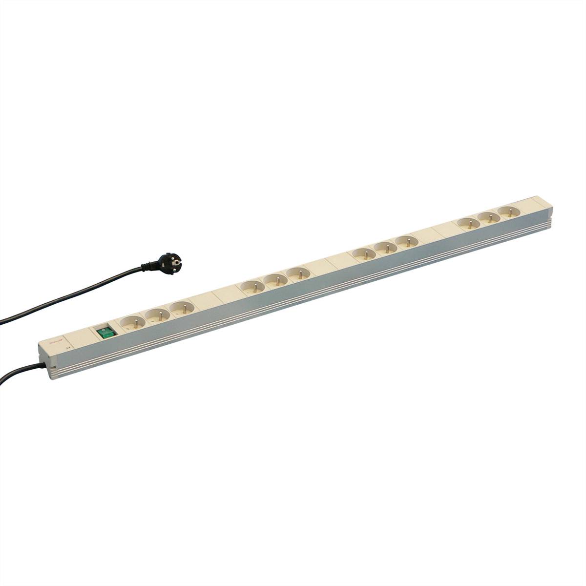 Eine lange, beige Steckdosenleiste mit einem schwarzen Stecker am Kabelende, geeignet für mehrere elektronische Geräte.