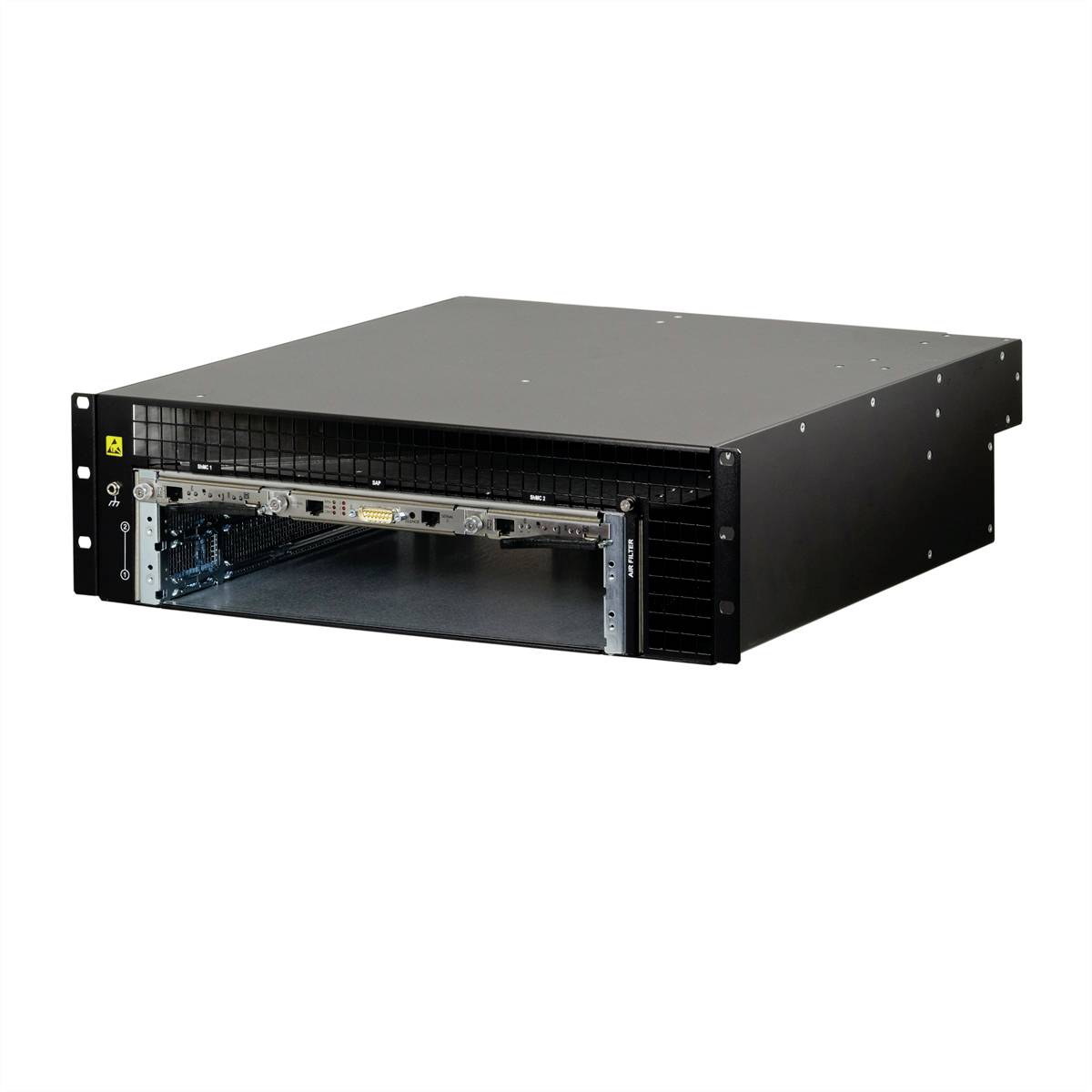 Ein schwarzer Server-Rack mit zwei Steckplätzen. Der untere Steckplatz ist leer. Der Server hat Lüftungsschlitze auf der Vorderseite.
