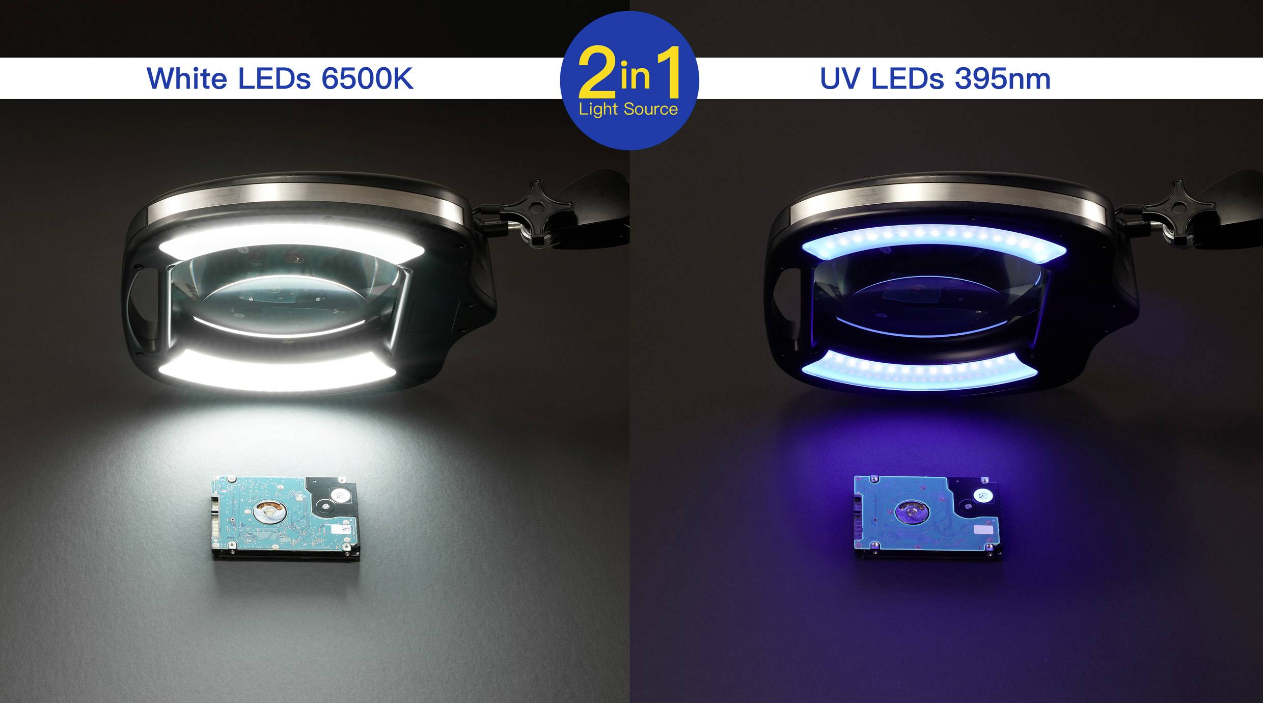Zwei Lupen mit LED-Beleuchtung: Links weißes Licht (6500K) auf einer Festplattenplatine, rechts UV-Licht (395nm) auf derselben Platine.
