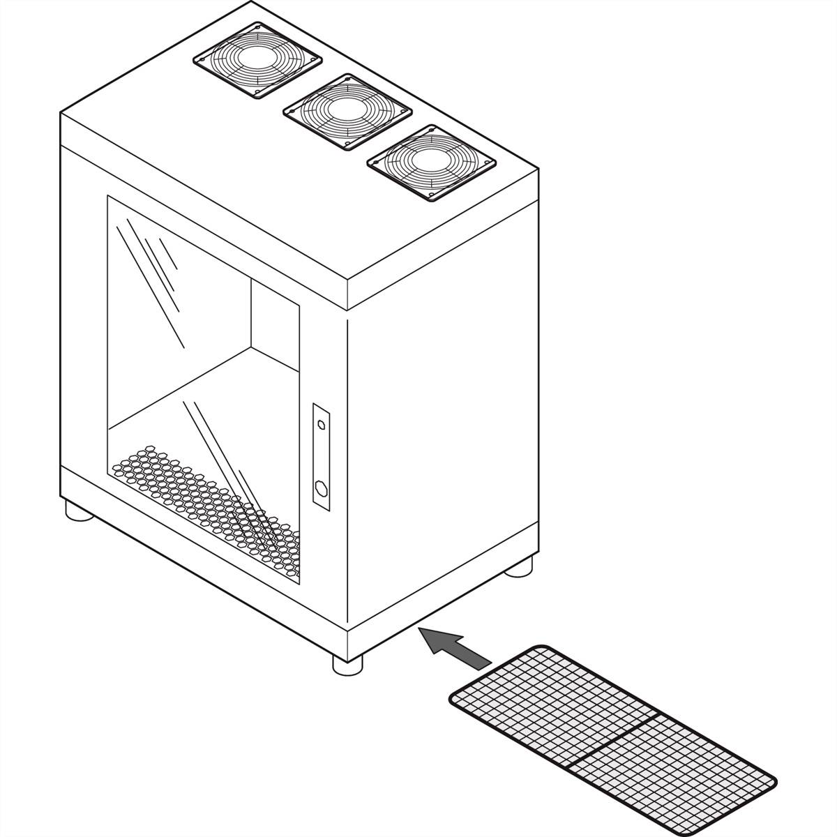 Ein Küchengerät mit einer Glastür und Lüftungsschlitzen oben. Ein Pfeil zeigt auf ein separates Gitter. Der Fokus liegt auf Bauteilen.