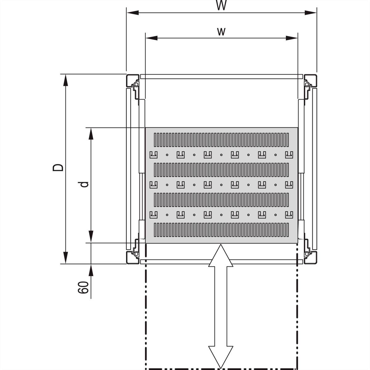 Technische Zeichnung eines rechteckigen Geräts mit Beschriftungen für Breite (W), Höhe (D), und Tiefe (d). Hauptmerkmal ist ein Lüftungsgitter.