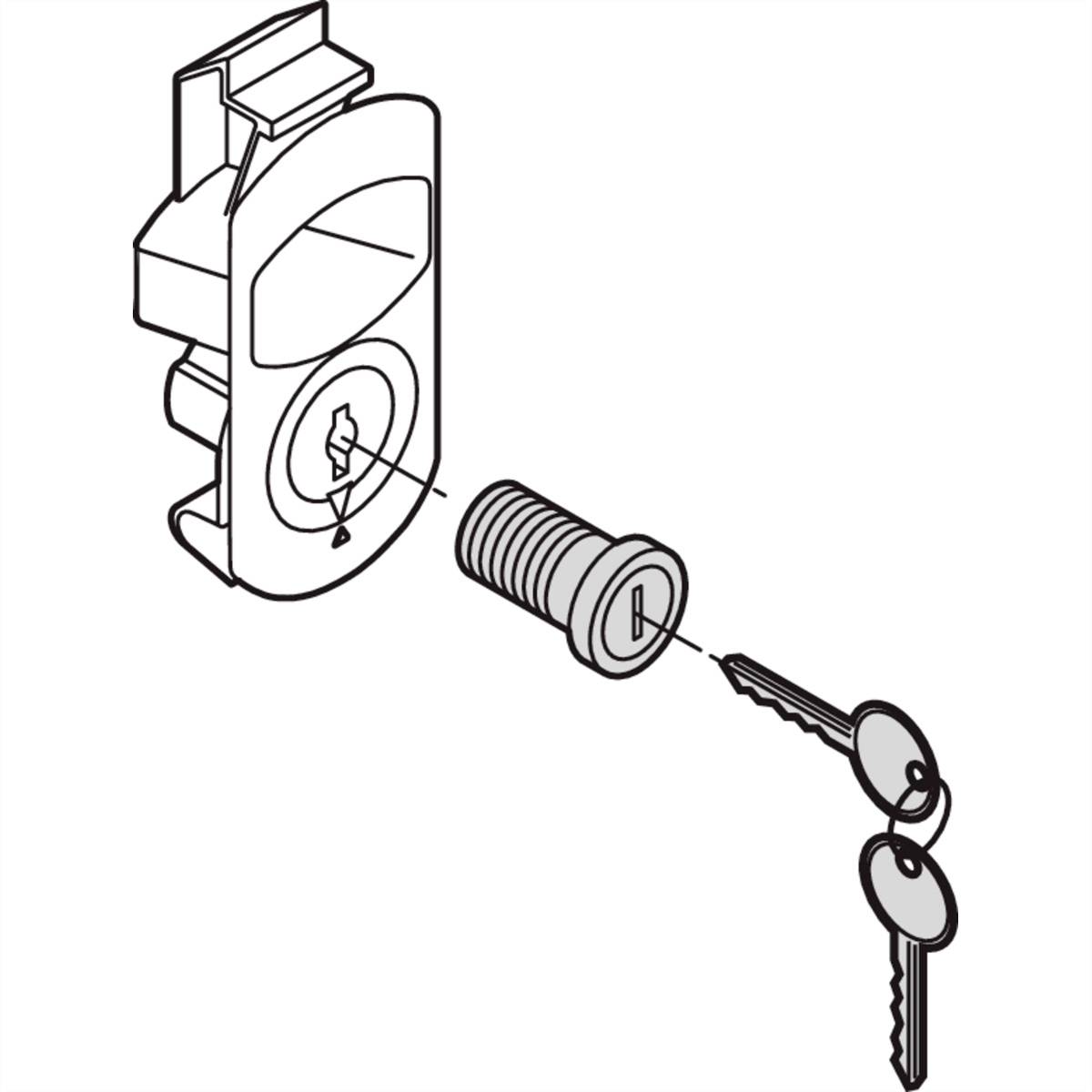 Schwarz-weiße technische Zeichnung eines Zylinderschlosses mit Schlüsseln, die zur Illustration von Montageanweisungen dient.