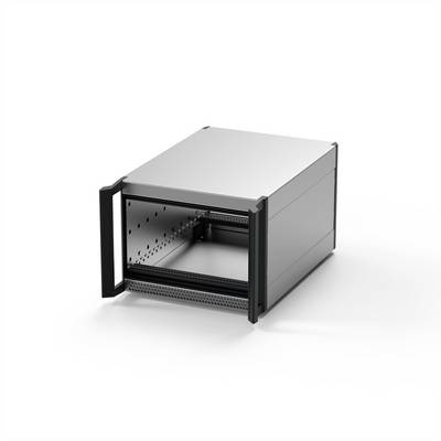 Ein silbernes, rechteckiges Metallgehäuse mit offener Vorderseite, geeignet für elektronische Geräte oder Computerhardware.