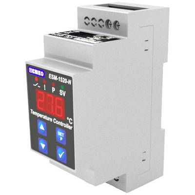 Ein graues Temperatursteuergerät mit digitaler Anzeige und blauen Bedientasten. Oben steht 'Temperature Controller ESM-1520-N'.