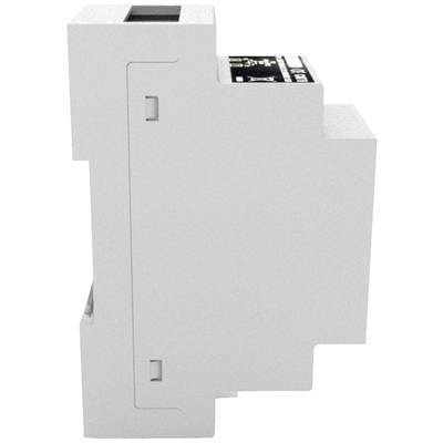 Seitenansicht eines weißen elektronischen Geräts mit Schalterelementen und Anschlussklemmen. Entworfen für die Hutschienenmontage.