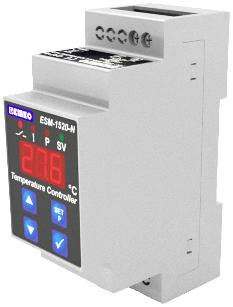 Temperaturregler-Modul, grau, mit digitalem Display und blauen Drucktasten zur Temperatureinstellung.