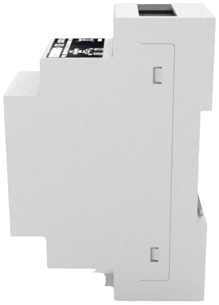 Seitenansicht eines weißen elektronischen Geräts mit Gehäuse, geeignet für Montage auf Hutschiene. Oberseite zeigt einige Bedienelemente.