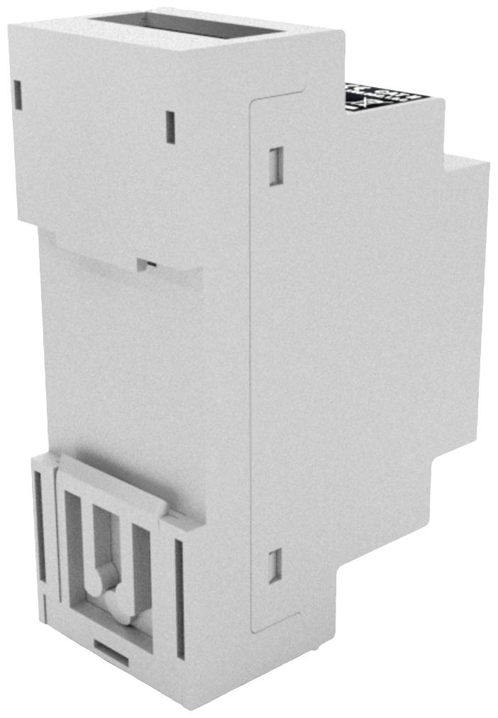 Industriekomponente in rechteckiger Form, grau, mit Aussparungen und Verbindungsstellen, möglicherweise ein Gehäuse für Elektronikmodule.
