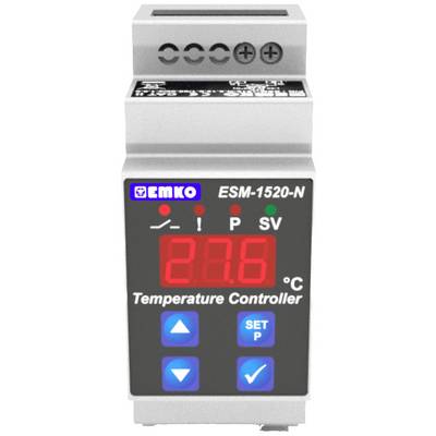 Elektronischer Temperaturregler mit digitaler Anzeige, zeigt '28,8 °C' an. Beschriftungen: 'EMKO', 'ESM-1520-N', Tasten zur Einstellung.