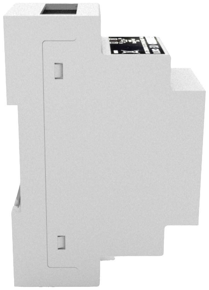 Industrierelaisgehäuse im Seitenprofil. Weißes, rechteckiges Design mit Schaltpaneel oben. Geeignet für industrielle Anwendungen.