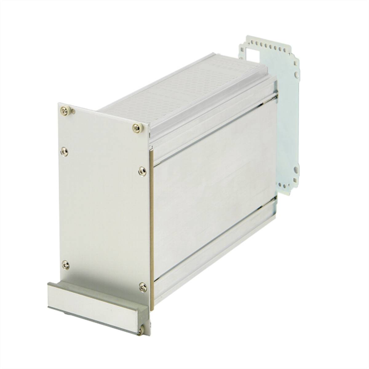 Metallgehäuse mit befestigtem Montagewinkel, geeignet für elektronische Geräte oder Platinenmontage. Robust und funktional designt.