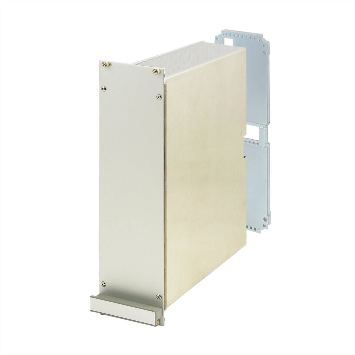 Metallische elektronische Komponente in rechteckiger Form, mit seitlicher Montagehalterung und mehreren Schrauben.
