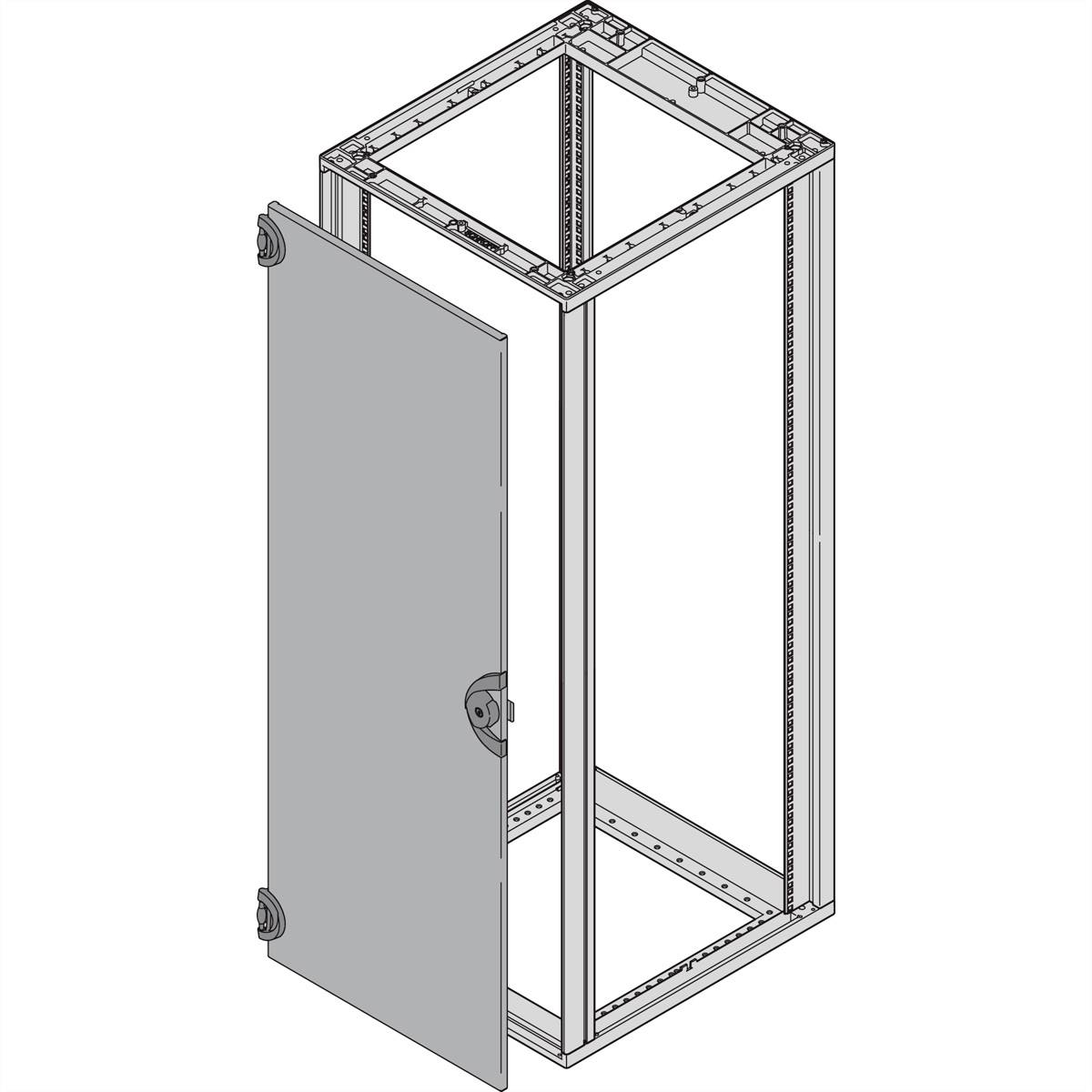 Montageanleitung für ein Server-Rack, zeigt Rahmen mit geöffneter Tür. Fokus auf strukturelle Details und Verbindungspunkte.