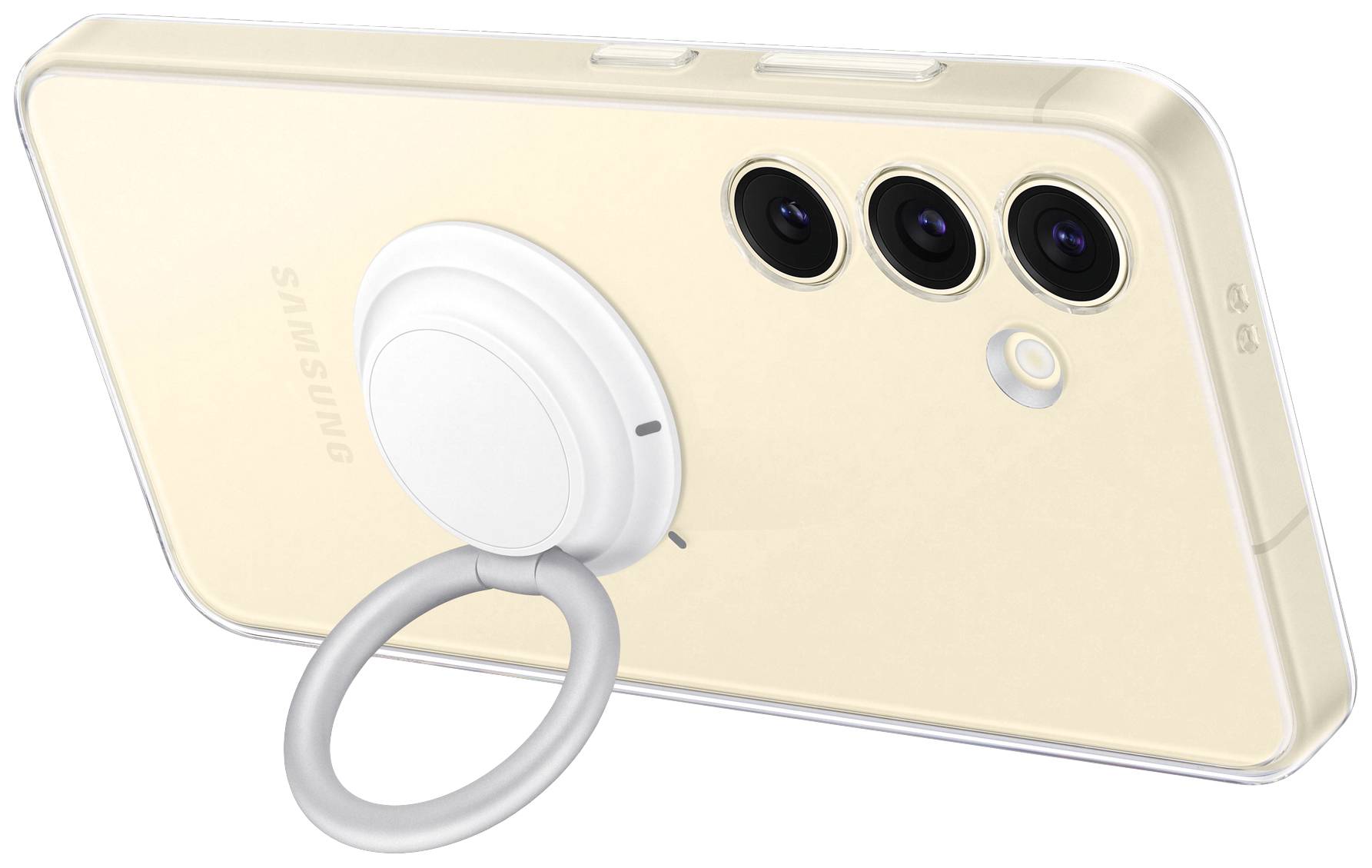 Ein Smartphone mit drei Kameralinsen auf der Rückseite und einem weißen Ringhalter in der Mitte. Gerät in schräger Rückansicht.