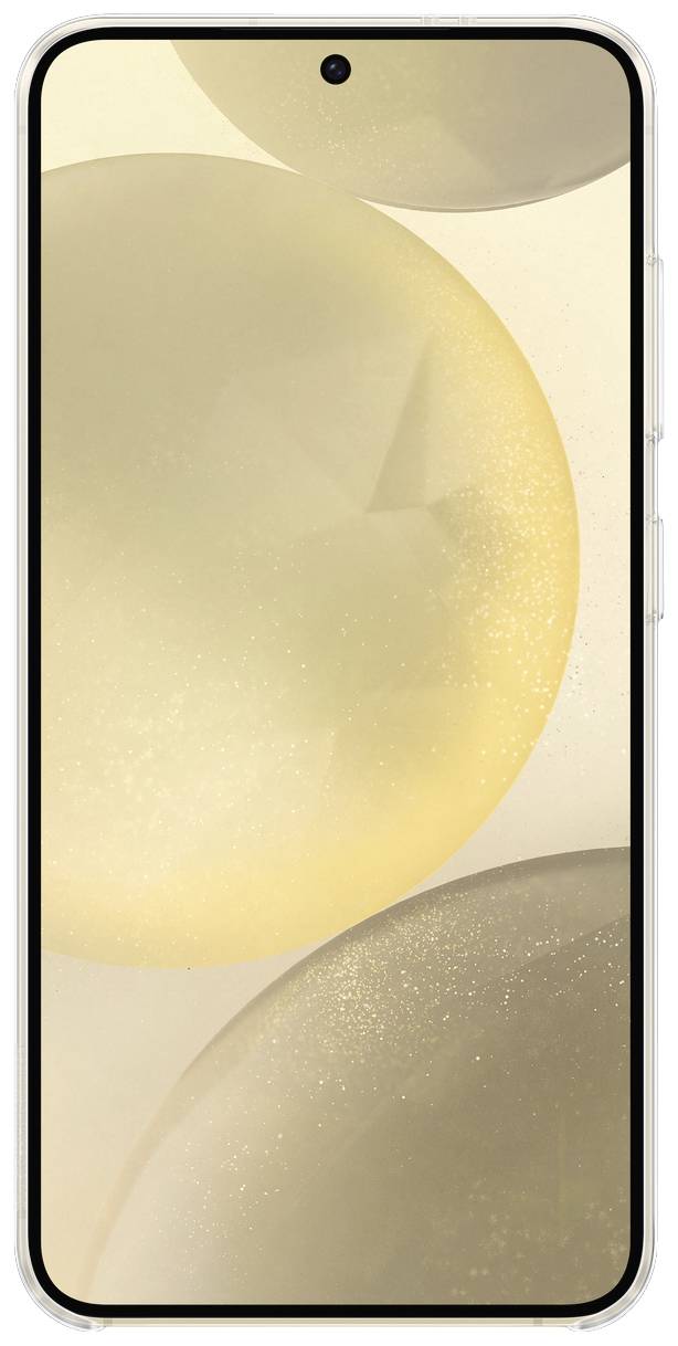 Ansicht eines Smartphones von vorne mit großem, randlosem Display und zentriertem Kameraausschnitt oben. Hintergrund ist abstrakt in Beige- und Goldtönen.