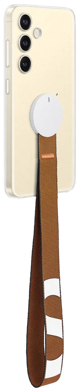 Ein helles Smartphone mit drei Kameras auf der Rückseite, befestigt an einem braunen Trageriemen mit weißen Streifen.