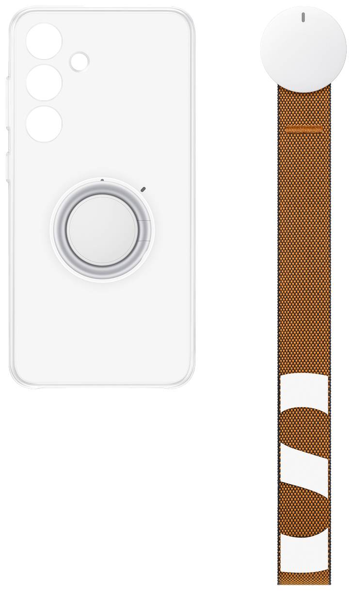 Die Abbildung zeigt eine durchsichtige Schutzhülle mit Ringhalterung für ein Handy und einen orange-braunen Schlüsselanhänger.