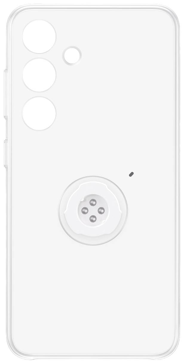Ein weißes Smartphone-Gehäuse mit drei großen und einem kleinen Kameraausschnitt, sowie einer mittigen Halterung auf der Rückseite.