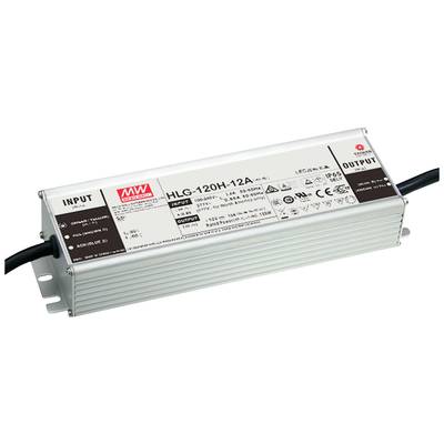 LED-Treiber von Mean Well, Modell HLG-120H-12A, für Beleuchtungsanwendungen, zeigt technische Spezifikationen und Anschlüsse.