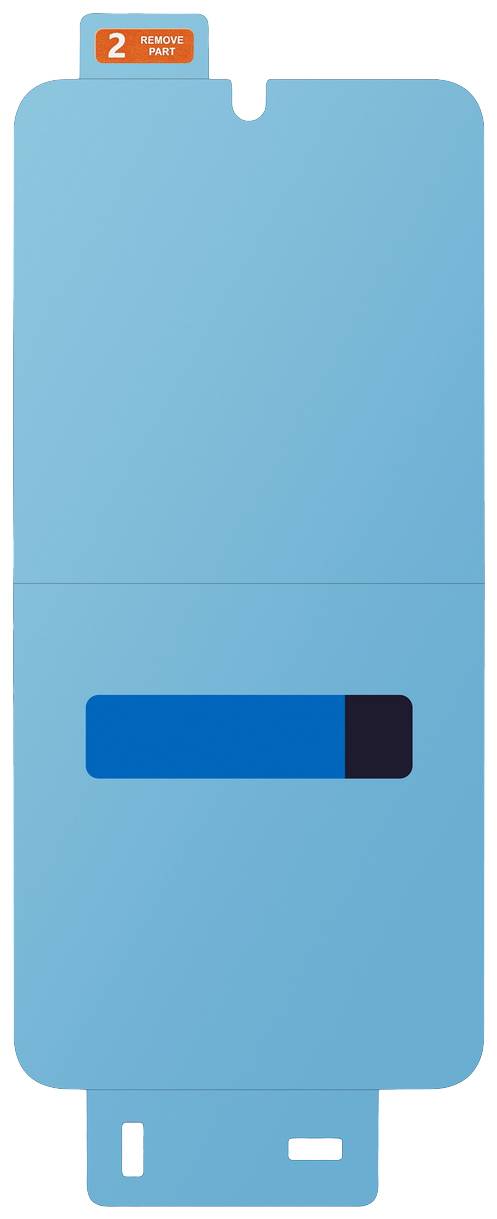 Ein blaues Plastikteil mit einem dunkelblauen Abschnitt in der Mitte und einem orangefarbenen Etikett mit der Nummer '2' oben links.