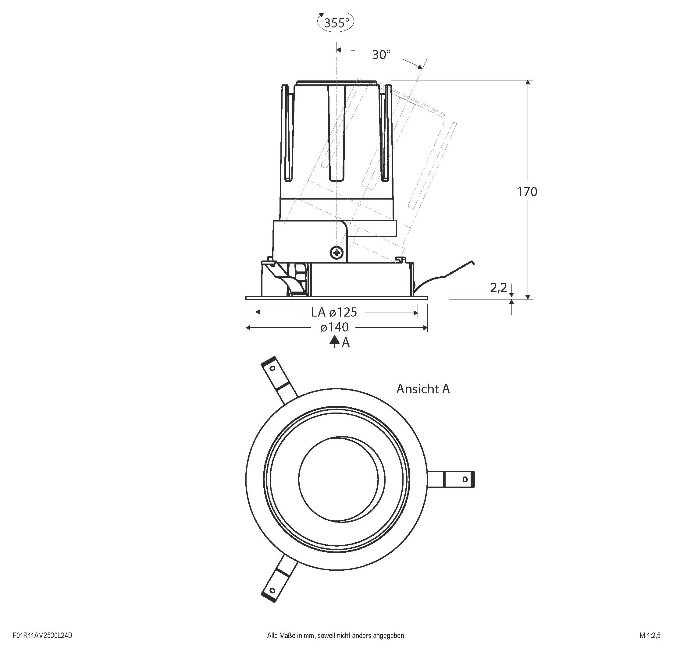 Technische Zeichnung eines kreisförmigen Geräts mit Seiten- und Draufsicht, mit Abmessungen, 355° Drehung, 30° Neigung und gekennzeichnet als „Ansicht A".