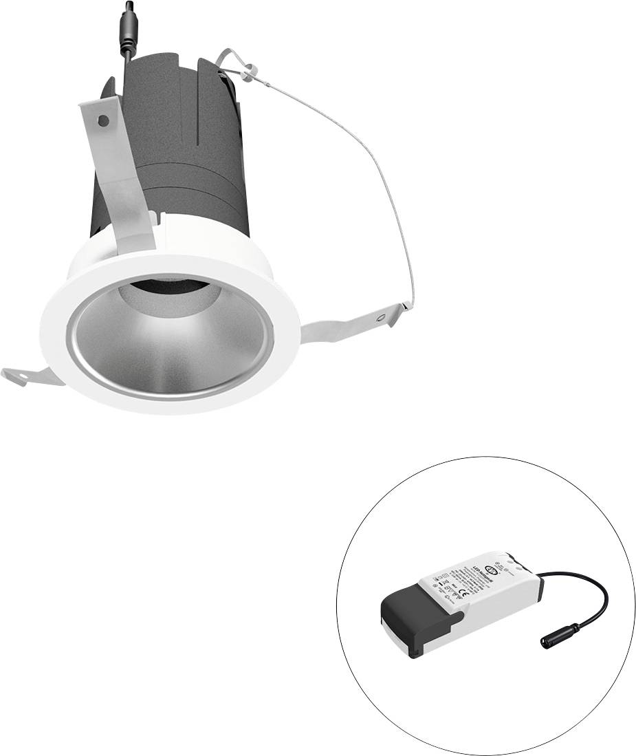 Eingelassene LED-Einbauleuchte mit Federclips und externem Treiber, dargestellt im Ausschnittkreis.
