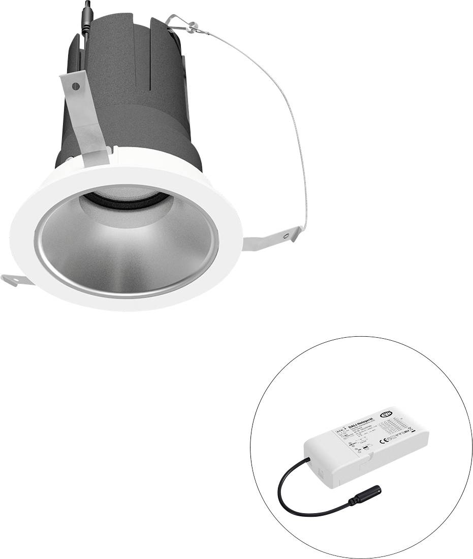 Eingebaute LED-Einbauleuchte mit separatem Treiber, dargestellt in einem Bildausschnitt.