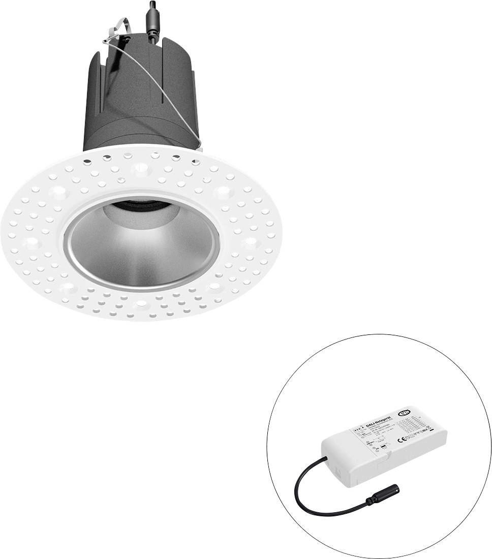 Eingebaute LED-Einbauleuchte mit perforiertem weißem Rand und silbernem Reflektor, dargestellt mit separater Stromversorgung des Betriebsgeräts in einem eingefügten Kreis.