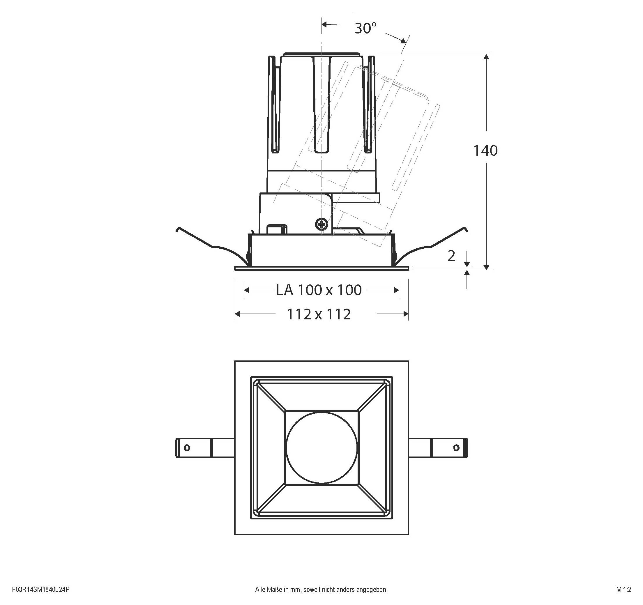 Technische Zeichnung einer Komponente mit quadratischer Grundfläche, die Seiten- und Draufsicht mit 30° Winkel, 140 mm Höhe und 100 x 100/112 x 112 Grundflächenabmessungen zeigt.