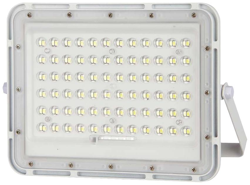 Ein rechteckiger LED-Flutlichtstrahler mit mehreren Reihen von LED-Lampen auf weißem Gehäuse, geeignet für den Außenbereich.