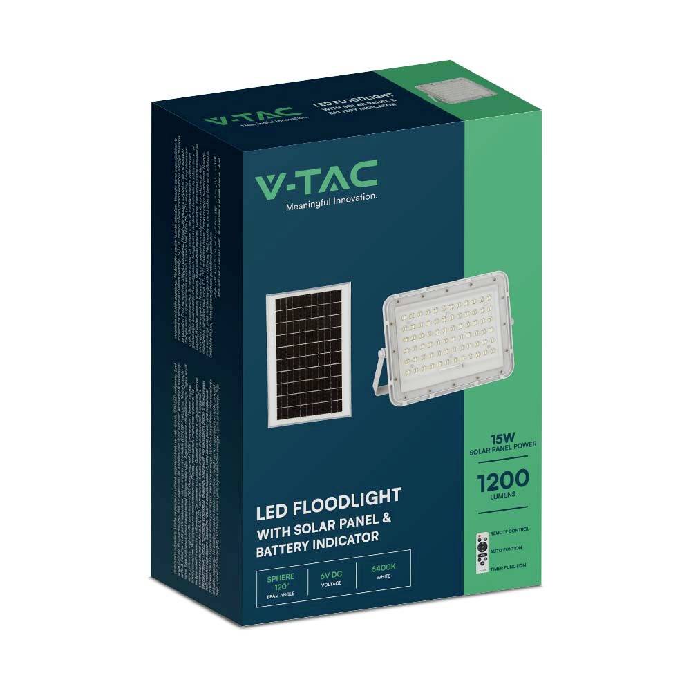 Eine blaue Verpackung zeigt einen LED-Flutlichtstrahler mit Solarpanel und Batterieanzeige. Leistung: 15W, Helligkeit: 1200 Lumen.