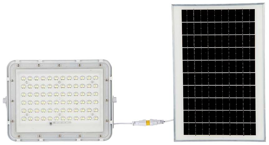 Solarlampe mit LED-Leuchten links neben einem rechteckigen Solarpanel rechts; beide sind durch ein Kabel verbunden.