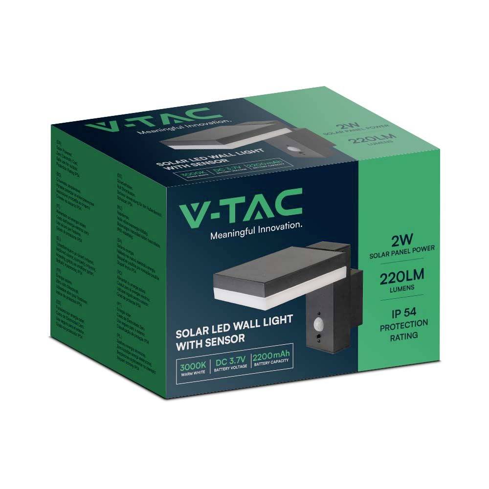 Verpackung einer solarbetriebenen LED-Wandleuchte mit Sensor, 2200 Lumen, 2W, IP54 Schutzart, Farbtemperatur 3000K, Marke V-TAC.