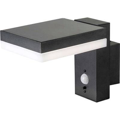 Moderne schwarze Wandleuchte mit rechteckigem Design und integriertem Bewegungsmelder, geeignet für den Außenbereich.