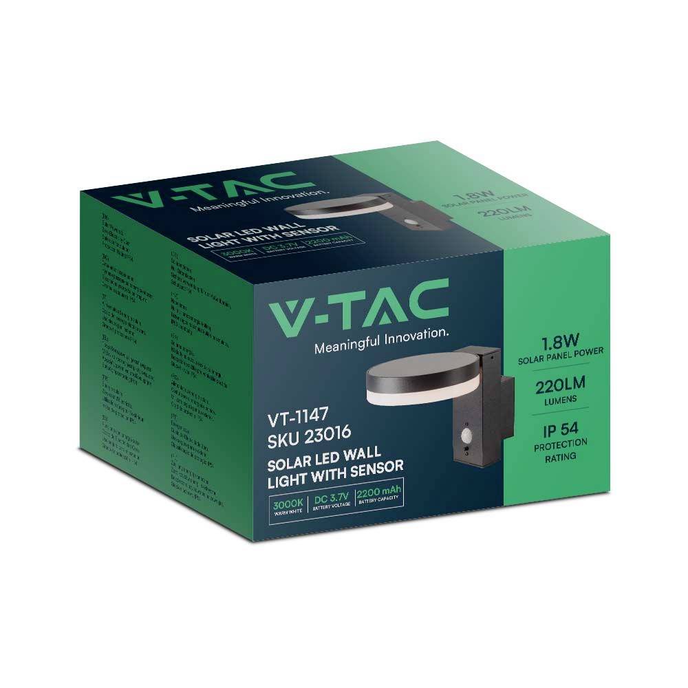 Verpackung einer V-TAC Solar-LED-Wandleuchte mit Sensor, 1,8W, 220 Lumen, Schutzart IP54, geeignet für 3000K, DC 3,7V, 2200mAh.