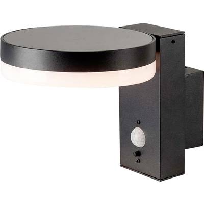 Außenleuchte in modernem Design mit rundem, schwarzem Gehäuse und integriertem Sensor zur automatischen Erkennung von Bewegung.