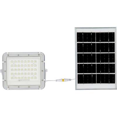 Solarlampe mit rechteckigem LED-Panel links und Solarpanel rechts, verbunden durch ein Kabel. Die Lampe hat 40 LEDs.