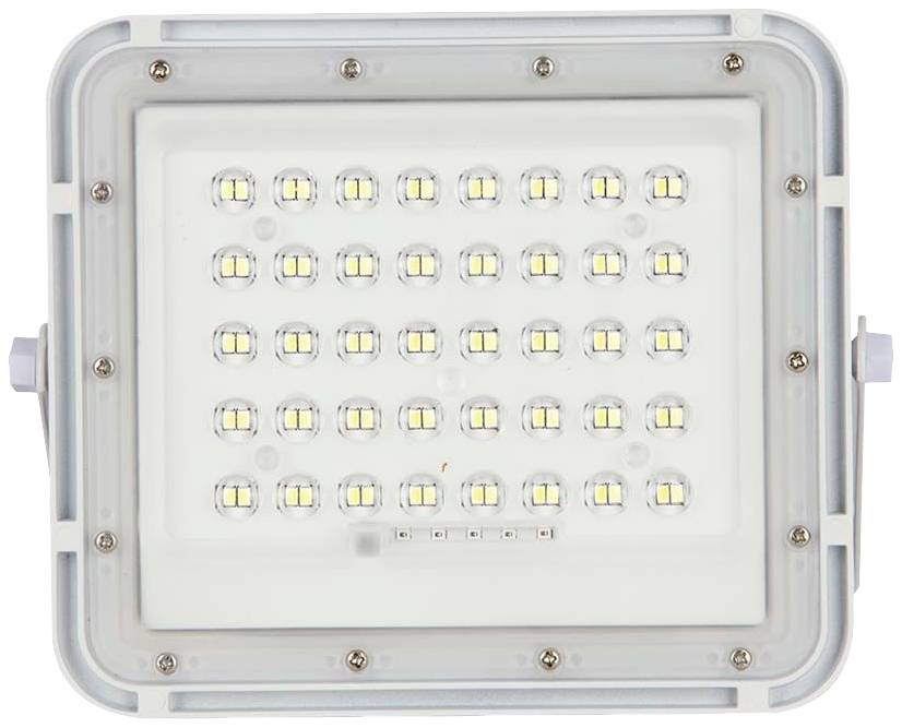 Ein rechteckiger LED-Flutlichtscheinwerfer mit 40 kleinen, leuchtenden Dioden in symmetrischer Anordnung, umgeben von einem grauen Rahmen.