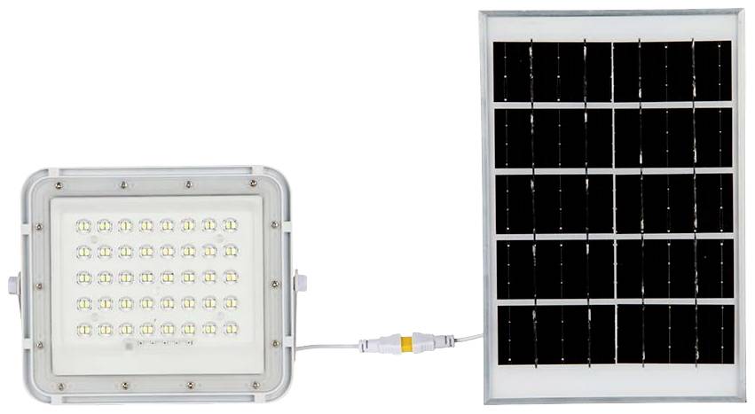 LED-Lampe neben einem Solarpanel, verbunden durch ein Kabel.