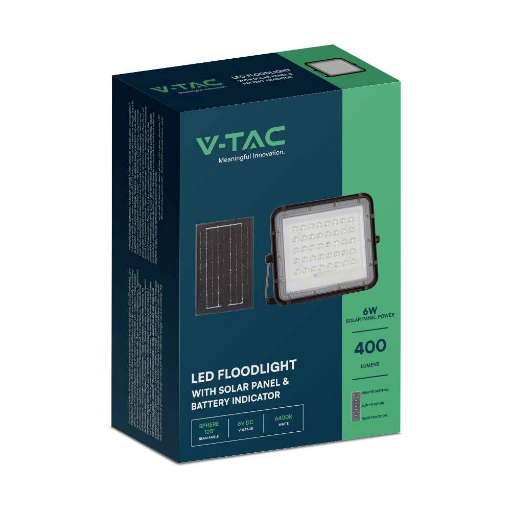 'V-TAC LED-Flutlicht' Verpackung mit Bild vom Flutlicht und Solarpanel. Text: '6W Solaranlage', '400 Lumen', 'Batterieanzeige'.