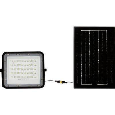 Ein LED-Scheinwerfer ist über ein Kabel mit einem Solarpanel verbunden. Der Scheinwerfer hat 40 LEDs und eignet sich für Außenbeleuchtung.