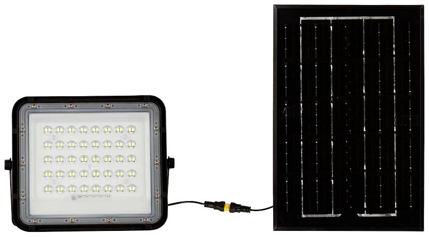 LED-Strahler mit Solarpanel, verbunden durch ein Kabel. Der Strahler hat 40 LED-Lampen. Das Solarpanel ist schwarz gerahmt.