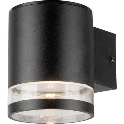 Schwarze Wandleuchte mit zylindrischer Form; unten ein transparentes Element, das Licht nach unten abstrahlt. Moderne Außenbeleuchtung.