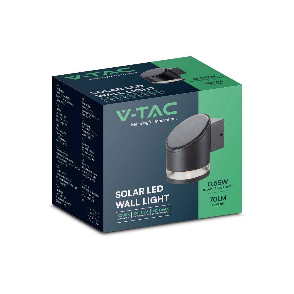 Solar LED-Wandleuchte von V-TAC, 0,65W, 70 Lumen, 3000K. Verpackung zeigt Produktabbildung und technische Details.