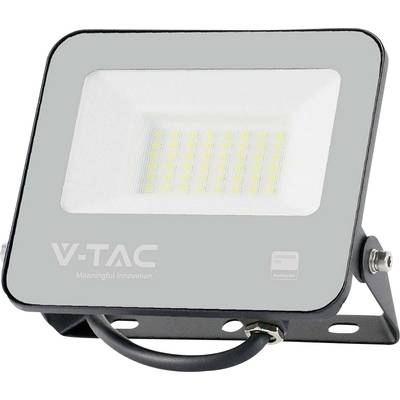 LED-Flutlicht mit schwarzem Gehäuse. Aufschrift 'V-TAC' darunter 'Meaningful Innovation'. Verstellbare Halterung unten.
